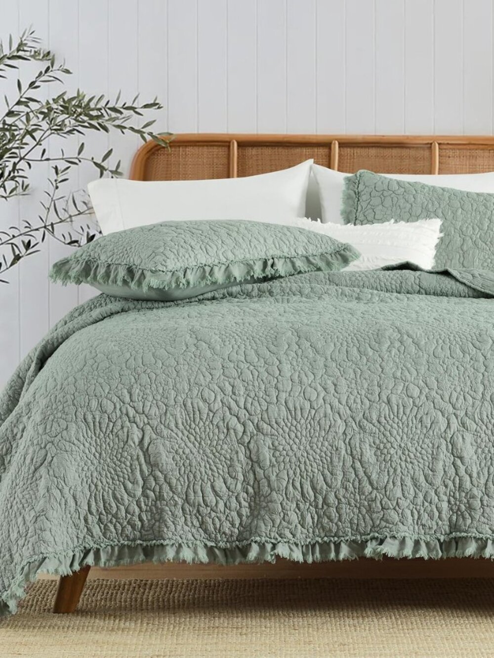 Sage Green Ruffled Quilt King Size, Shabby Chic Floral Quilt Set Lightweight